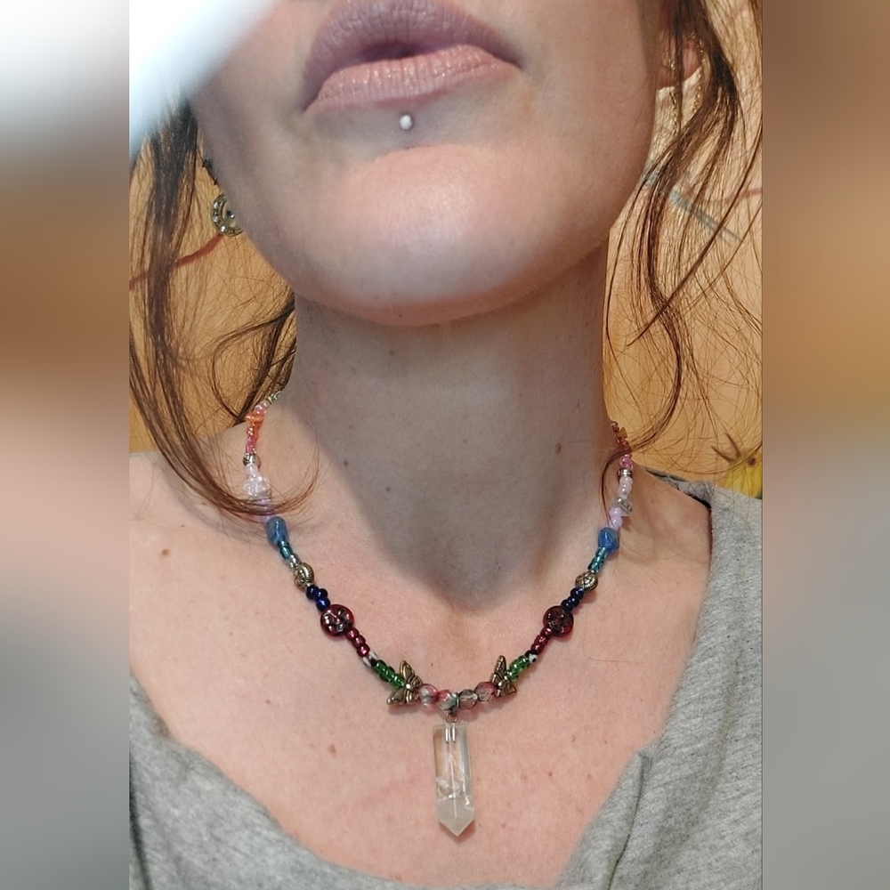 Handmade By Me Upcycled Beaded Necklace With Quartz Pendant